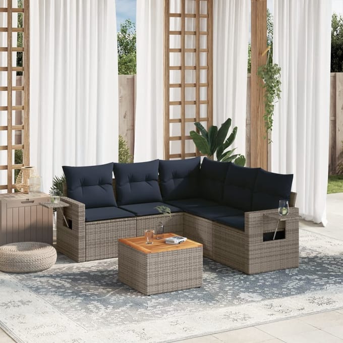 vidaXL - 6-delige - tuinbankset - met - kussens, - grijs - polyrotan