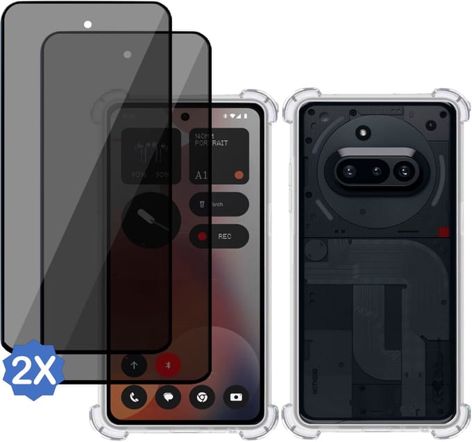 TechNow Hoesje + 2x Privé Screenprotector geschikt voor Nothing Phone (3a) – Hoesje Screenprotector - Privacy Tempered Glass - Case Transparant