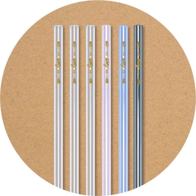 Set van Glazen gekleurde rietjes 6x + reinigingsborstel - opdruk LOVE