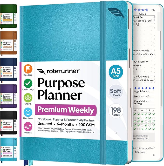 Onedateerde A5 Weekplanner Dagboek voor Doelstellingen, Productiviteit en Balans