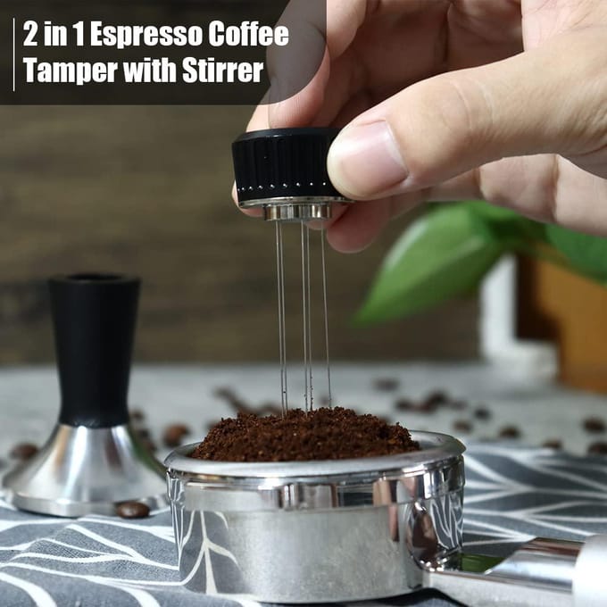 Koffietamper Set 2-in-1 53mm Espresso Koffietamper met Roerder Roestvrij Staal Gebogen Basis zilver