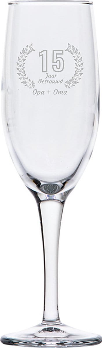 Gegraveerde Champagneglas 16,5cl Opa + Oma 15 jaar getrouwd