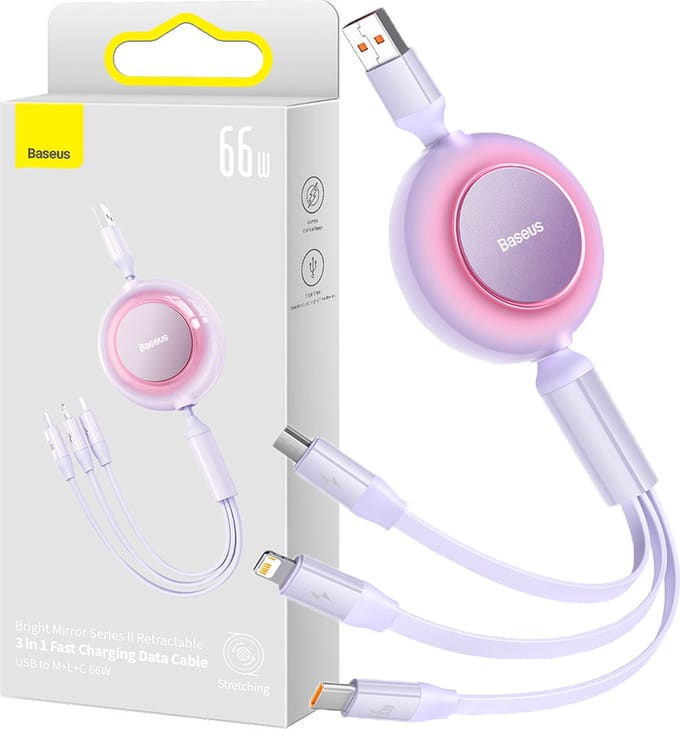 Baseus - Bright - Mirror - 2 - intrekbare - kabel - 3in1 - kabel - USB - Type - A - micro - USB - + - Lightning - + - USB - Type - C - 66W - 1,1m - paars - (CAMJ010105)