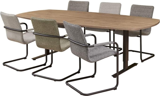 Vergadertafel Teez Deens Ovaal 240x120cm frame Wit (RAL9010) blad Antraciet eiken