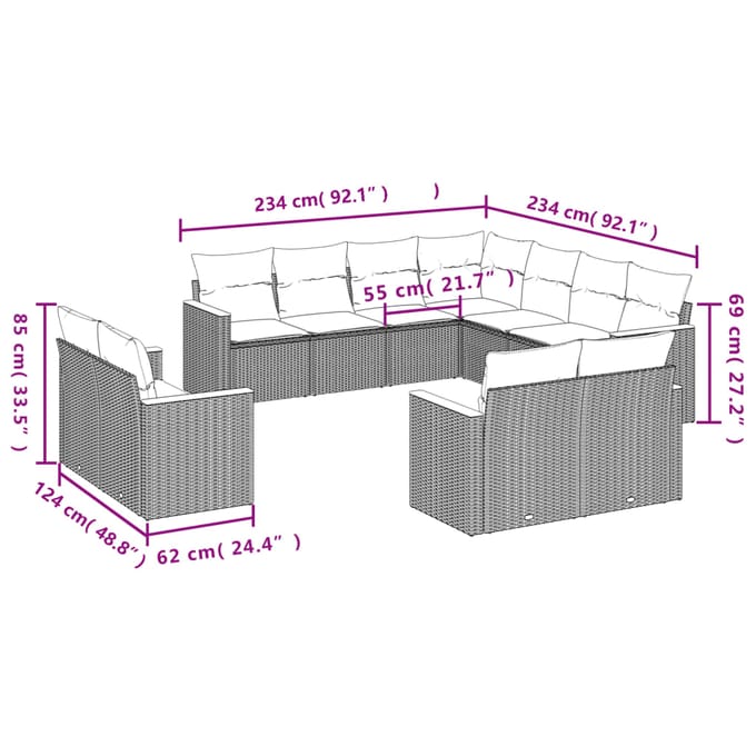 vidaXL - 11-delige - Tuinset - met - kussens - poly - rattan - beige