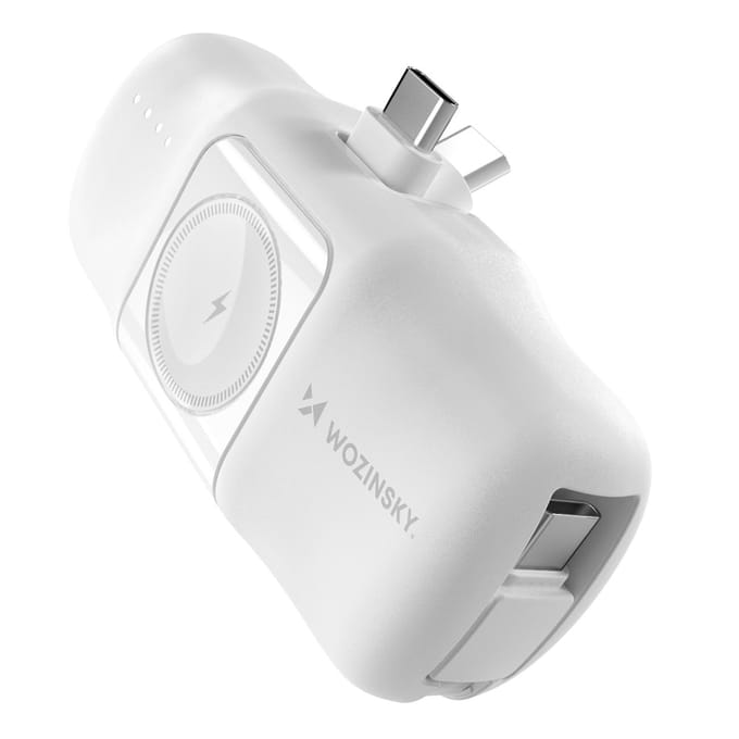 Wozinsky WF16-YCS 5000mAh 15W USB-C Mini Power Bank with Built-in USB-C Cable and Apple Watch Charger - White - 5000 mAh