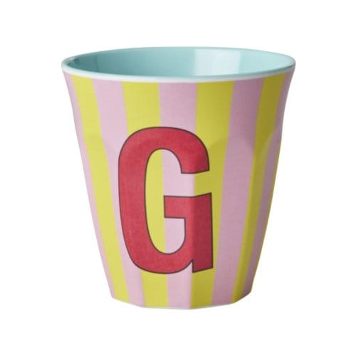 Rice melamine beker medium gestreept letter g, geel