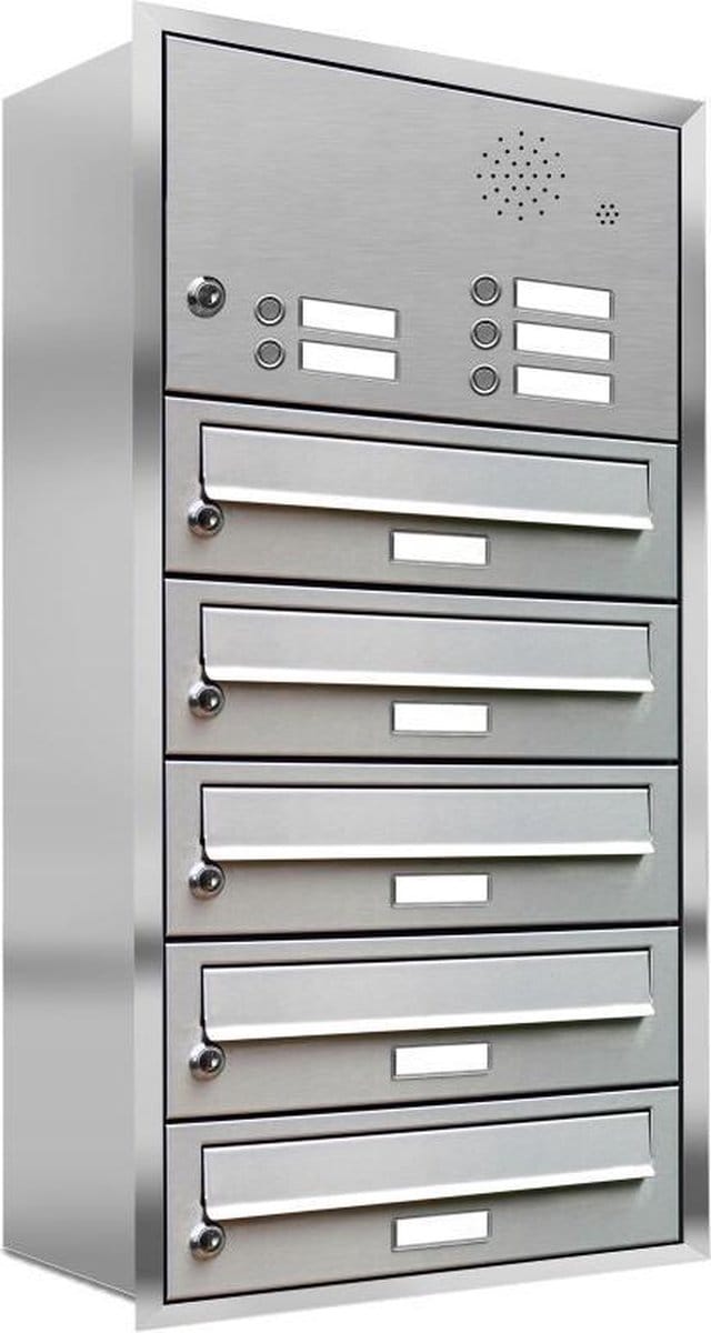 Inbouw met intercom 5 adressen(rand)_Brievenbus met intercompaneel inbouw_5_adressen__RVS