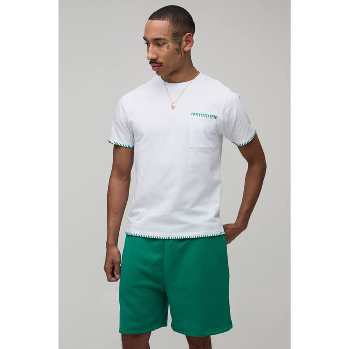 Contrasterende Deksteek Slim Fit T-shirt & Regular Fit Short Set | Green | Size Medium