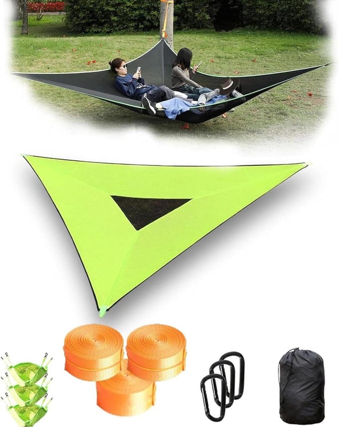 Driehoekshangmat - Camping hangmat - Buiten ontspannen - Driepunts ophangsysteem - 4 meter breed - Groen