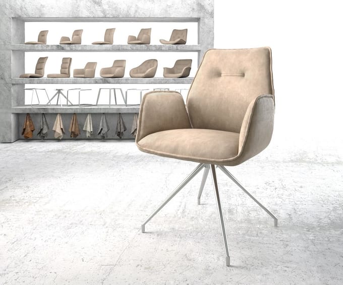 Gestoffeerde-stoel Zoa-Flex kruisframe conisch roestvrij staal microvelours beige vintage pocketveer kern