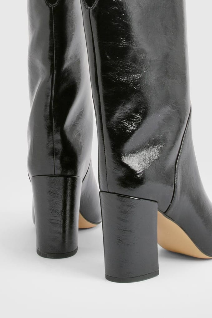 boohoo Dames Gebogen knielaarzen met blockhakken | Black | Maat: 8