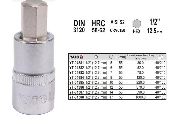 Yato YT-Serie - Inbussleutel - 1/2" Dopsleutel - 10mm - Chroom Vanadiumstaal