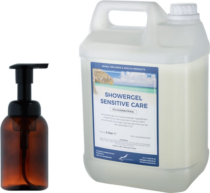 Zeepdispenser 300 ml amber bruin hervulbaar + 5 liter Showergel Sensitive Care navulling