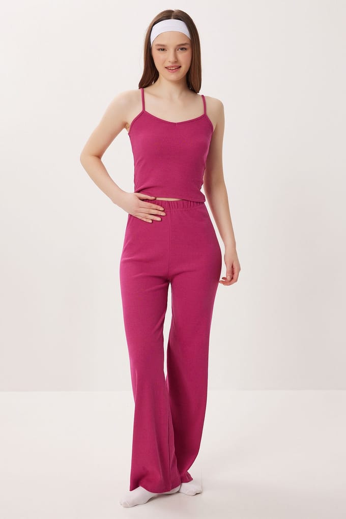 V-hals Geribbelde Gebreide Pyjama Set