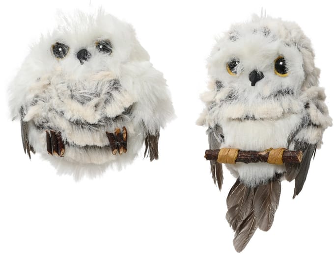 Decoris - Kerstdecoratie Uilen Grijs - Set van 2 - Kunstbont - H 8cm