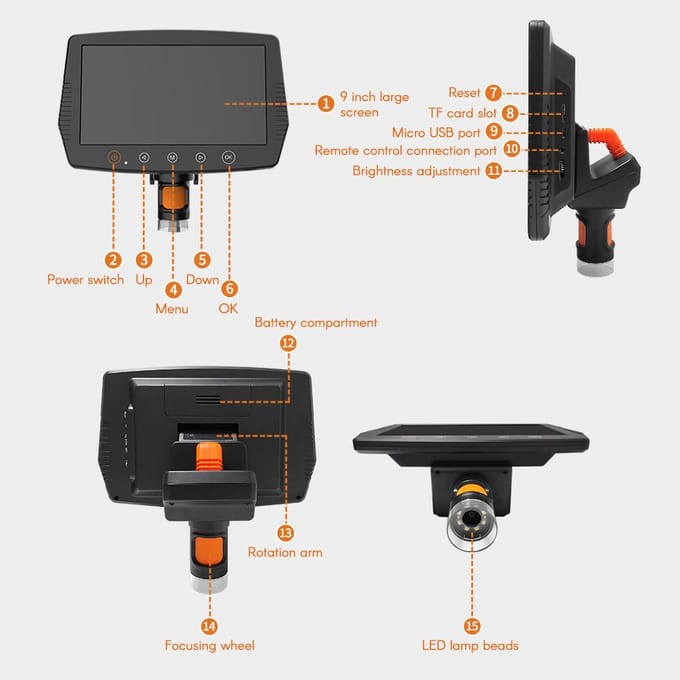 50-1000X 1080P USB-digitale microscoop met hoge resolutie en afstandsbediening met 9 inch groot helder scherm zwart