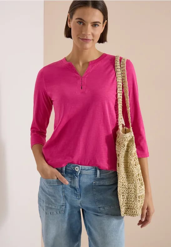 Shirt met 3/4-mouwen, split in de hals en elastische zoom
