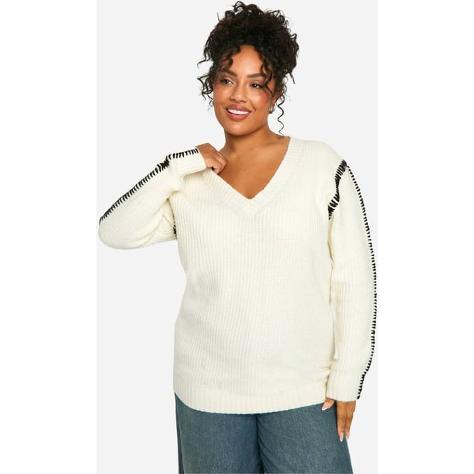 boohoo Dames Plus Premium Contrast Trim V-hals Longline Trui | Ecru | Maat: 22