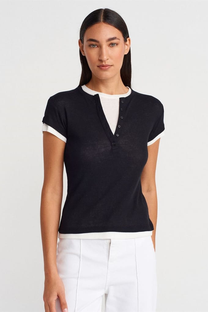 Dames Katoenen V-Hals Knop T-shirt