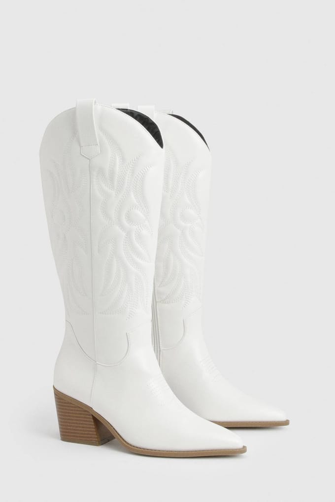 boohoo Dames Wijde Pasvorm Geborduurd Western Cowboylaarzen | Wit | Maat: 41