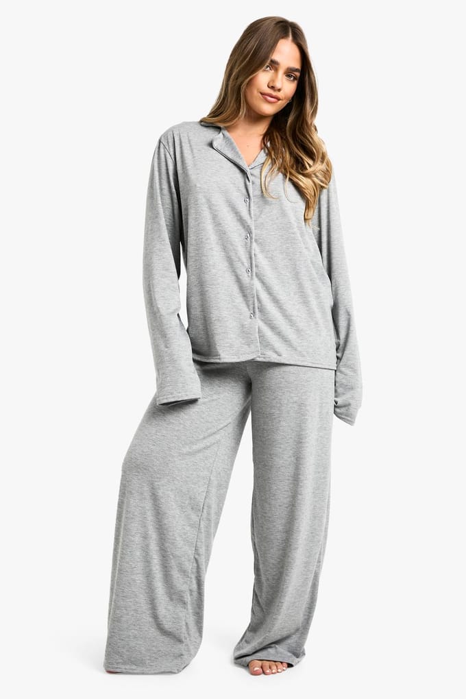 boohoo Dames Petite Langarm Shirt & Broek Pyjama Set | Grey | Maat: 10
