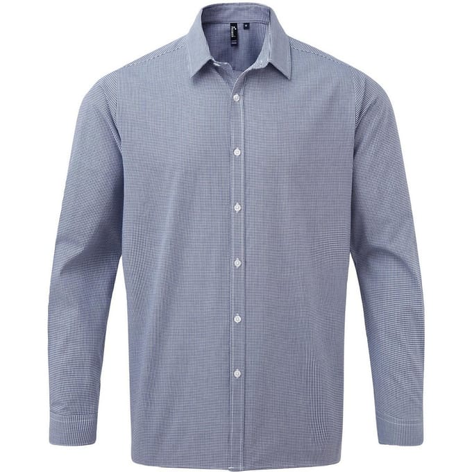 Premier Heren Gingham Micro geruit overhemd met lange mouwen (Marine / Wit)