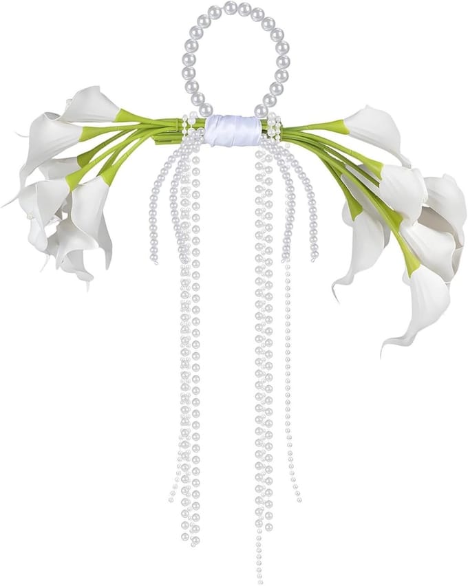 Bruidsboeket Calla Lelies - Kunstboeket Parels - Bruiloft Versiering - Eeuwige Kwaliteit - 62 x 43 cm - Wit