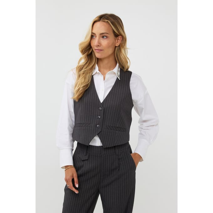 EsQualo Gilet Pinstripe Dark Grey Maat: 40 | Gilets Outlet | Dames | Grijs