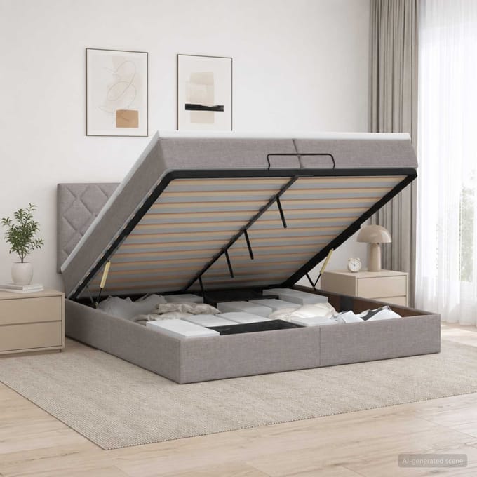 vidaXL - Ottoman - bed - met - matras - met - hoofdeinde - Taupe - 200 - x - 200 - cm - Stof