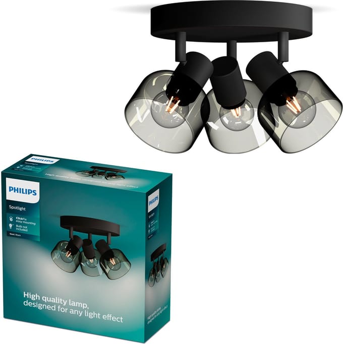 Philips Sleet Spot - Plafondspot met drie lichtpunten - Met gerookt glas - Kleine fitting E14 - Ronde basisplaat
