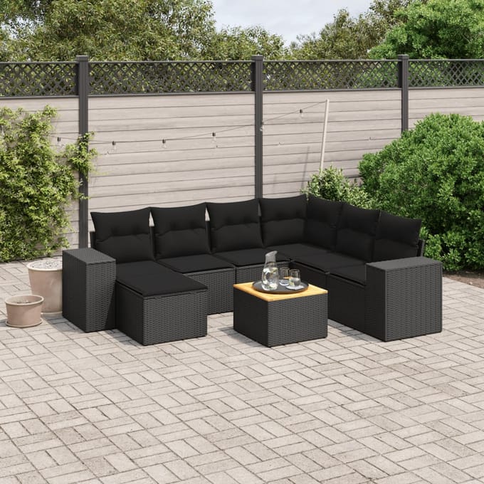 vidaXL - 8-delige - Loungeset - met - kussens - poly - rattan - zwart