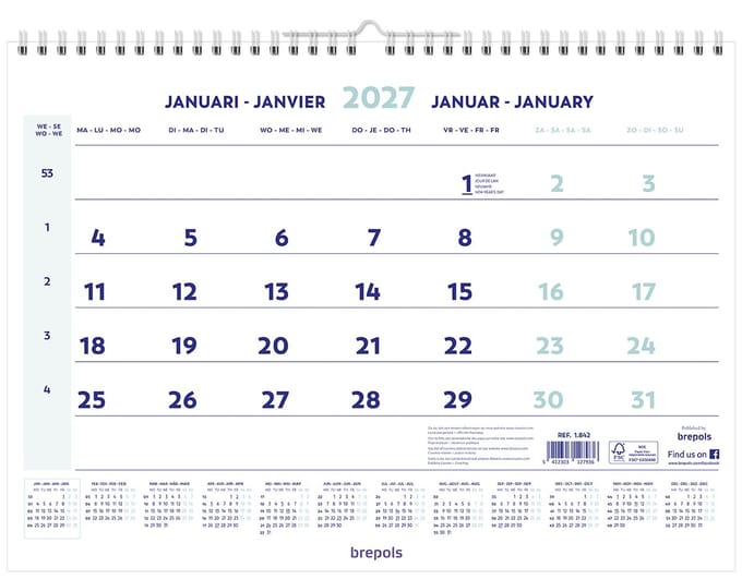 Brepols Maandkalender 2027 - Wire-O - 43 x 31,5 cm