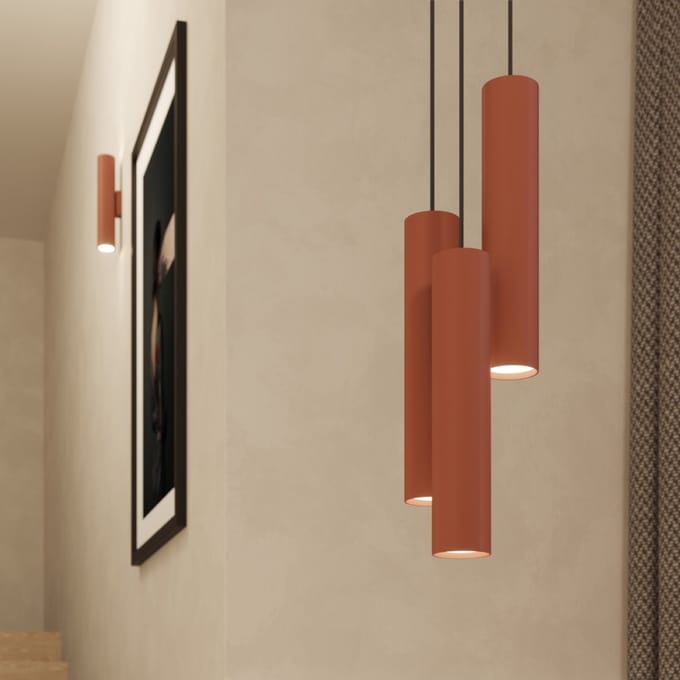 Hanglamp LAGOS 3L met 3 cilindrische kappen op een rij - Sollux Lighting - IP20 - Okerrood staal behuizing - 45 x 6 x 98 cm - 3 x GU10 LED, exclusief lichtbron - 3 x 10 W - Industriële hanglamp voor slaapkamer, woonkamer en gang