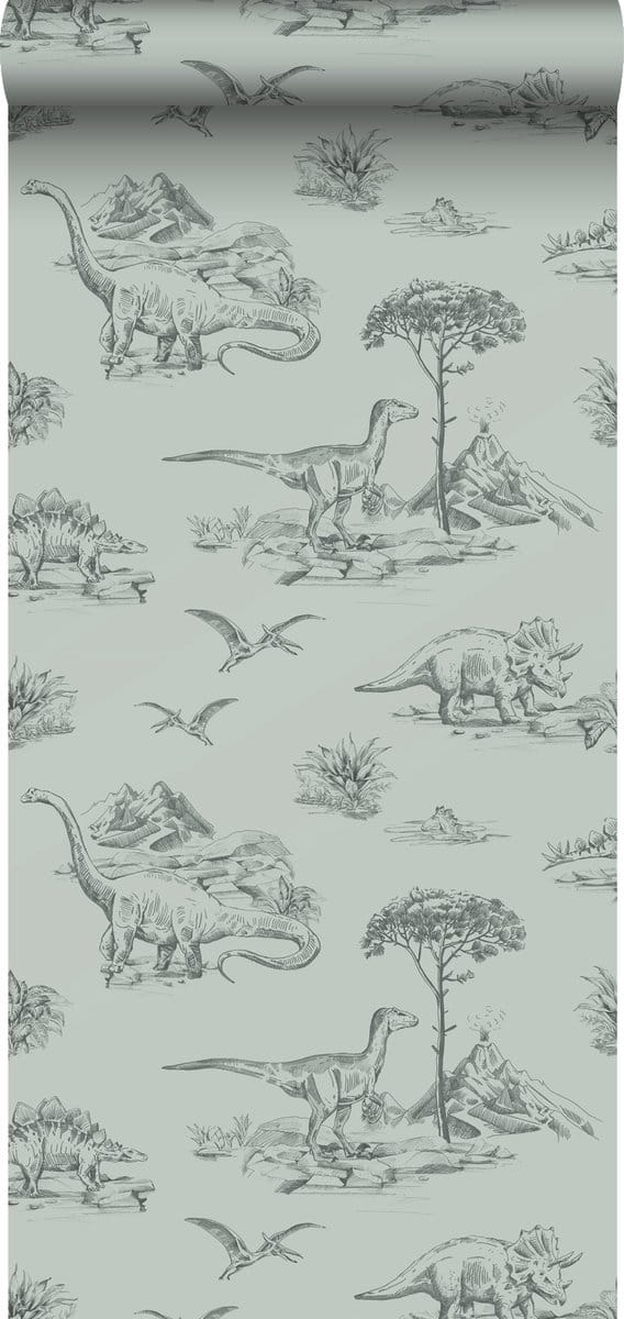 ESTAhome behang dinosaurussen vergrijsd zeegroen - 53 cm x 10.05 m - 139556