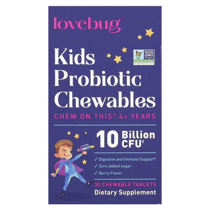 LoveBug Probiotics, probiotique pour enfants, pour les 4 ans et plus, saveur baie, 10 milliards d'UFC, 30 comprimés à croquer