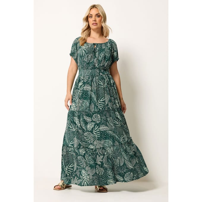 Yours Groene Bardotmaxijurk Met Bladprint En Striksluiting Size 42
