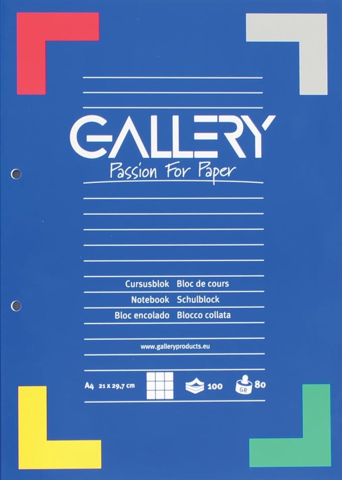Gallery cursusblok, ft A4, 80 g/m², 2-gaatsperforatie, geruit 5 mm, 100 vel 5 stuks