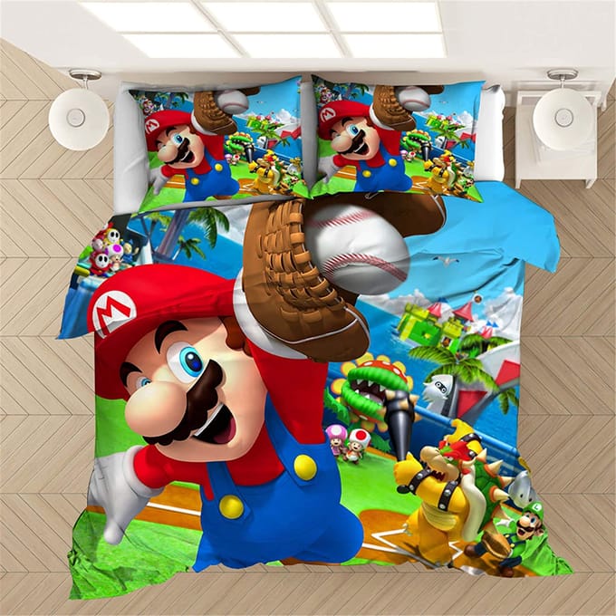 Mario Dekbedovertrek Set Dekbed Beddengoed 3D Kinderbeddengoed Set 3-Delig 1 Dekbedovertrek King Size AU Single(140*210cm)3pcs