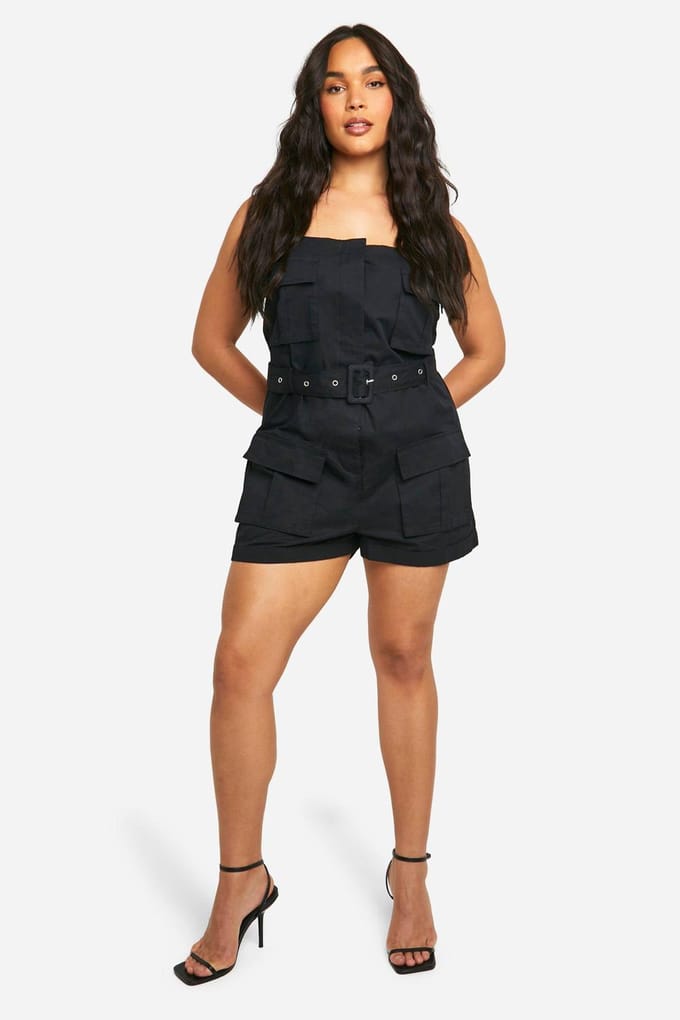 boohoo Dames Plus Utility Cargo Playsuit | Zwart | Maat: 56
