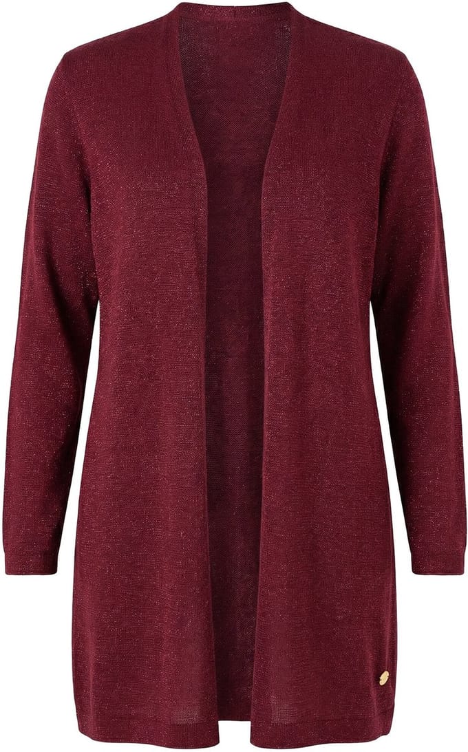 Ulla Popken - Dames - Lang gebreid vest glittertekst opstaande kraag - Wijnrood - Maat 58+