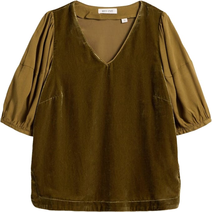 White Stuff Cleo Velvet Mix Top Khaki Green Maat: 8 | Blouses Outlet | Dames | Bruin