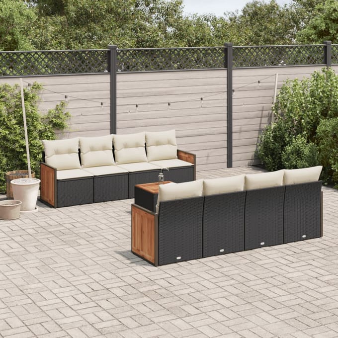 vidaXL - 9-delige - Loungeset - met - kussens - poly - rattan - zwart