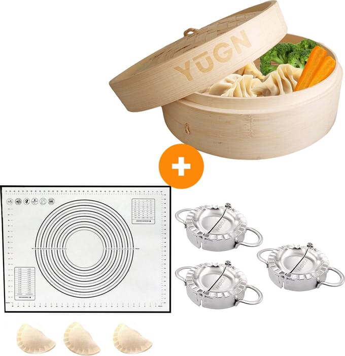 YUGN Bamboe Stoommand Set 2 Laags met Dumpling Maker en Siliconenmat 3 Formaten