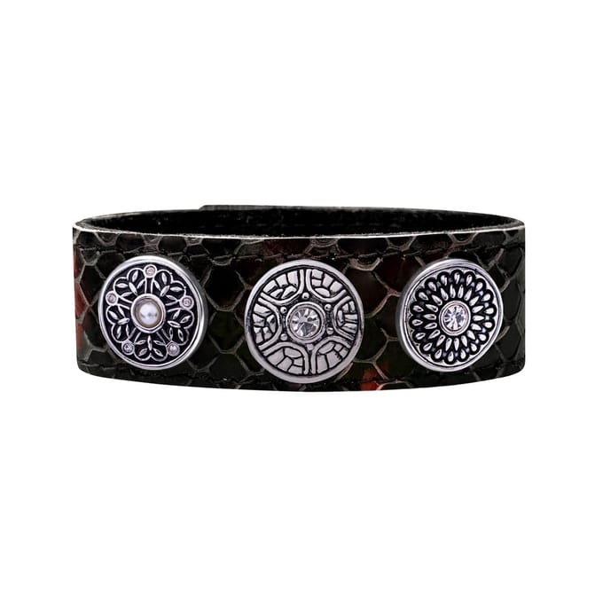 Quiges Dames Leren Armband Zwart met 3 Drukknopen Set 19.5 - 21.5cm - EBCMS337