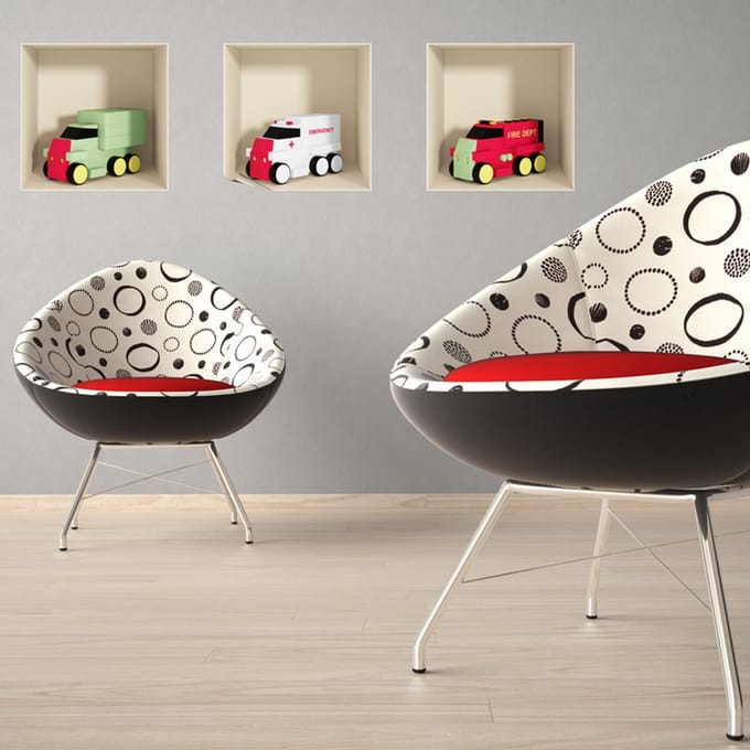 Sticker met 3D-effect van 3 speelgoedvrachtwagens, 30 x 90 cm