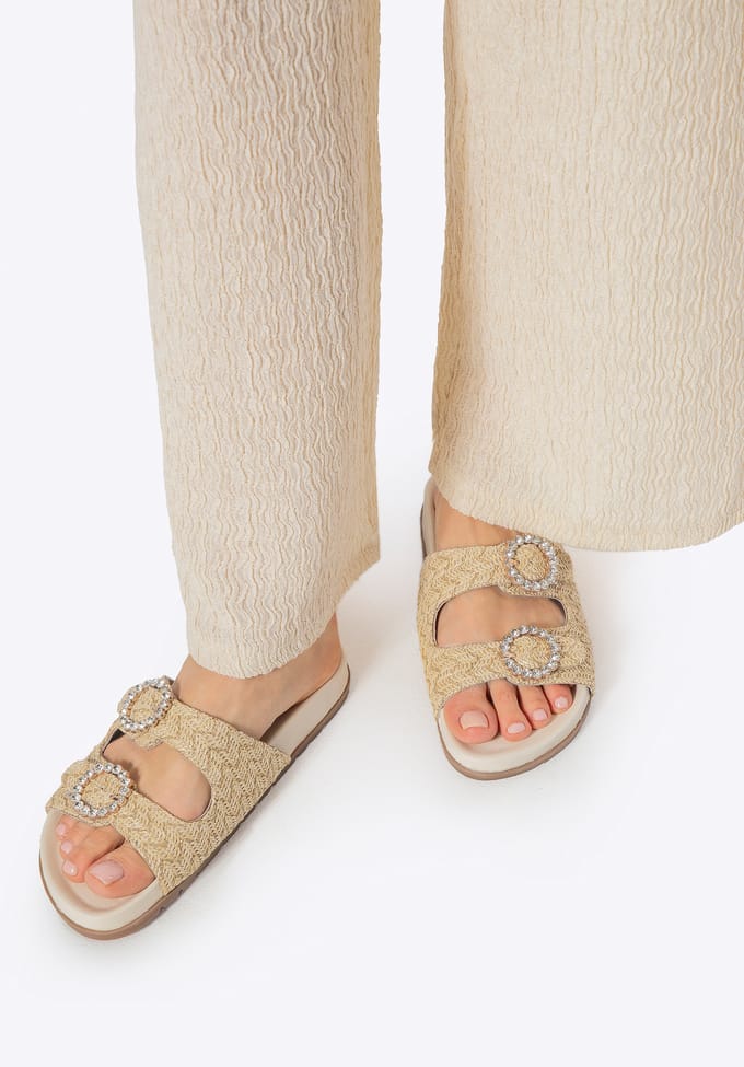 Wittchen - Dames Raffia Slippers - Beige - Glanzende Gespen - Platform