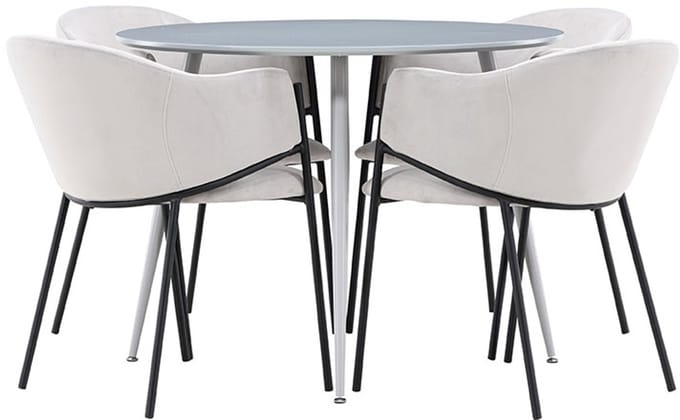 Plaza eethoek tafel Ø100cm en 4 velours stoelen met armleuningen grijs.