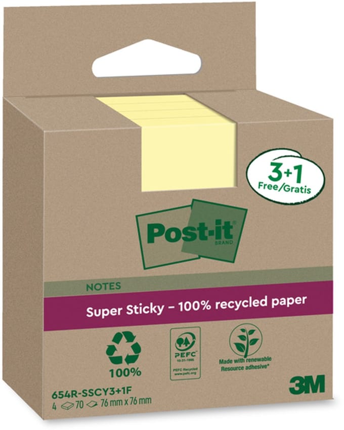 Memoblok 3m post-it 654 rsscol 76x76mm geel 3+1 | 8 stuks