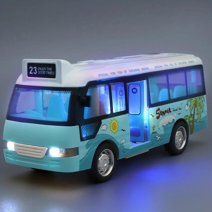Mini Bus Scolaire Alimenté par Piles Jouets Ville avec Son & Lumière Véhicule Miniature Cadeau Enfants bleu